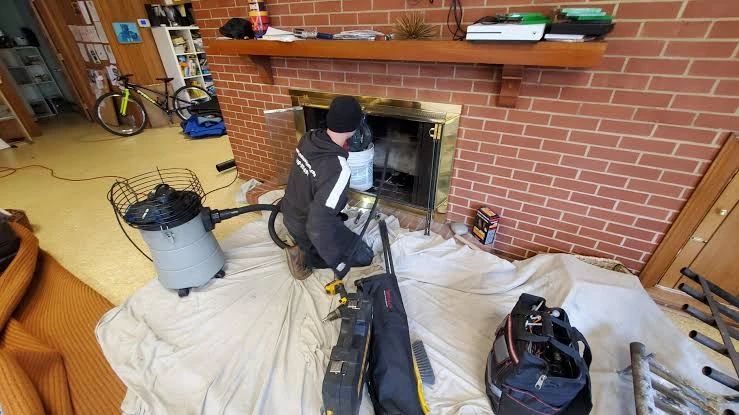 Person working at a brick fireplace with equipment arranged on protective sheets
