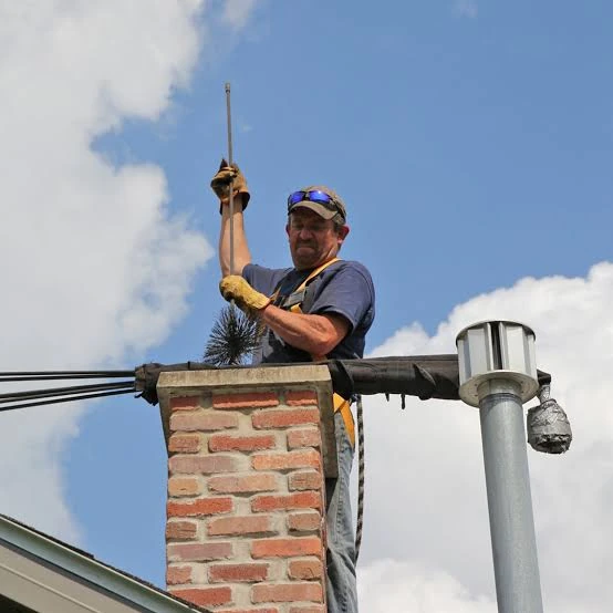 Person holding a sweeping rod at the top of a brick chimney