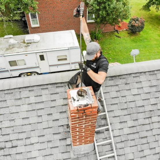 Overhead view of a person working at the opening of a rooftop brick chimney