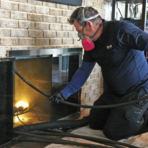 Person wearing a respirator while working inside a brick fireplace with cleaning equipment